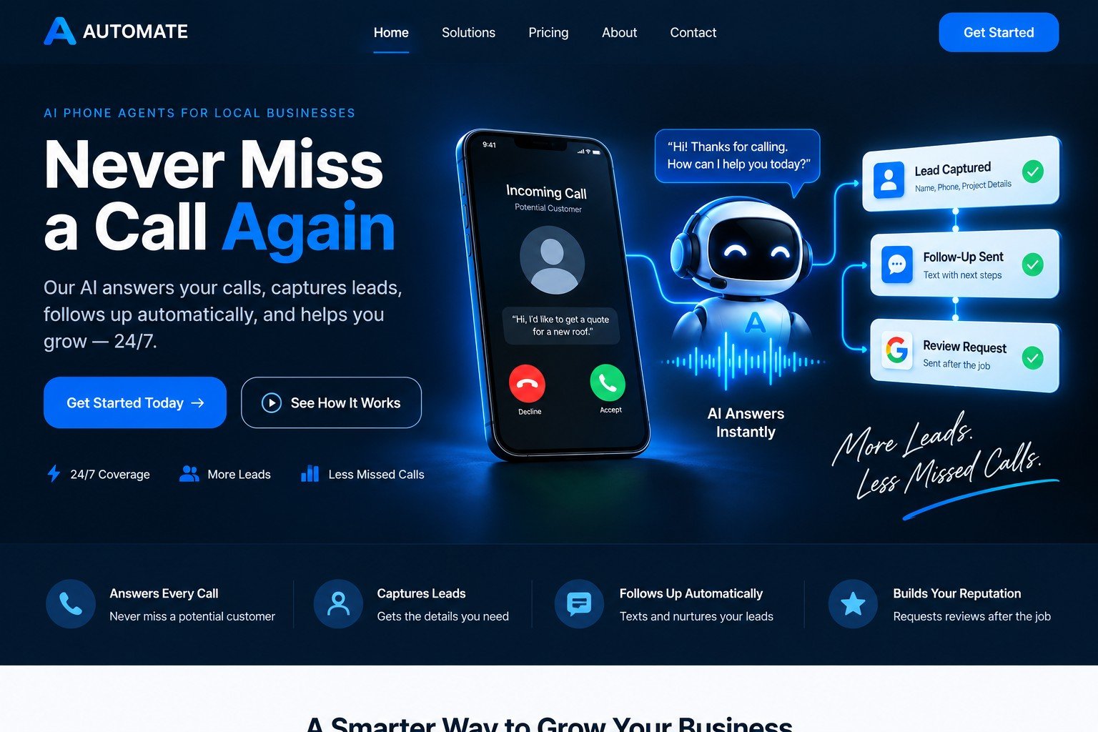 AI phone automation showing an incoming call, AI answering, lead capture, follow-up and review request